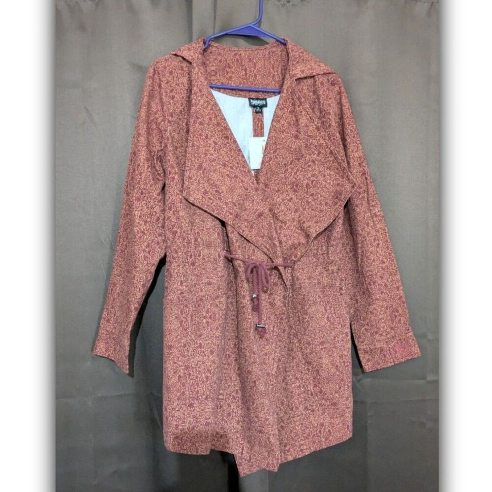 LuLaRoe Denim Hooded Jacket Red Brown Stencil Pattern Size M NWT